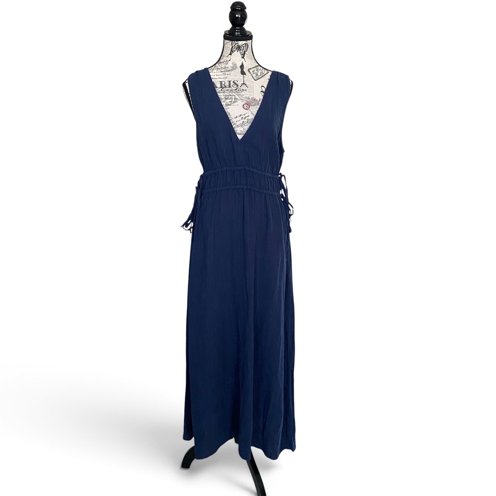 Faherty Maxi Dress Womens Medium Navy Blue V-Neck Side Tie Cotton Linen WDS2567